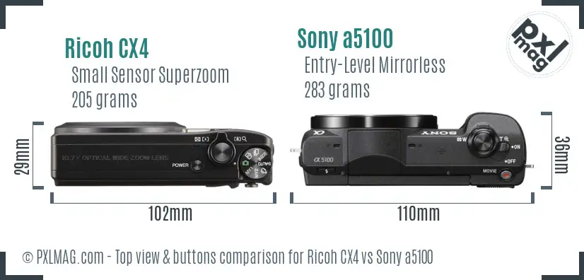 Ricoh CX4 vs Sony a5100 top view buttons comparison