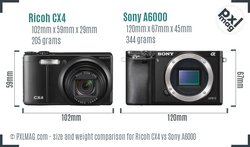 Ricoh CX4 vs Sony A6000 size comparison