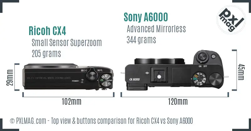 Ricoh CX4 vs Sony A6000 top view buttons comparison