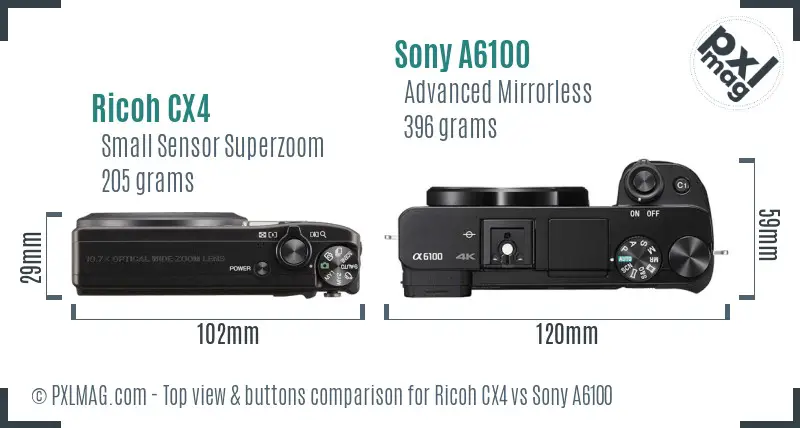 Ricoh CX4 vs Sony A6100 top view buttons comparison