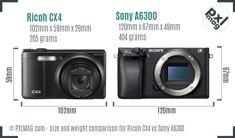 Ricoh CX4 vs Sony A6300 size comparison