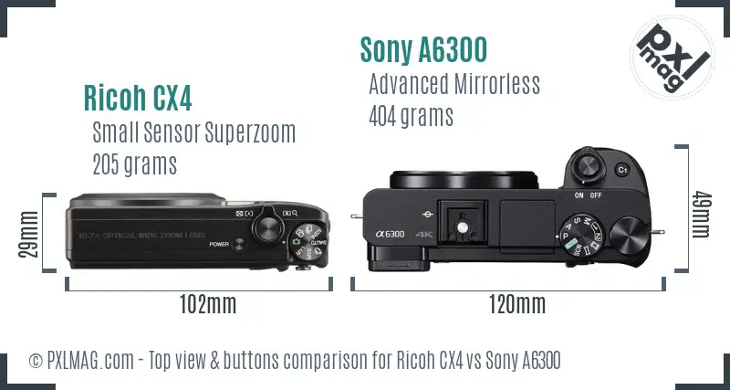 Ricoh CX4 vs Sony A6300 top view buttons comparison Ricoh CX4 vs Sony A6300 top view buttons comparison