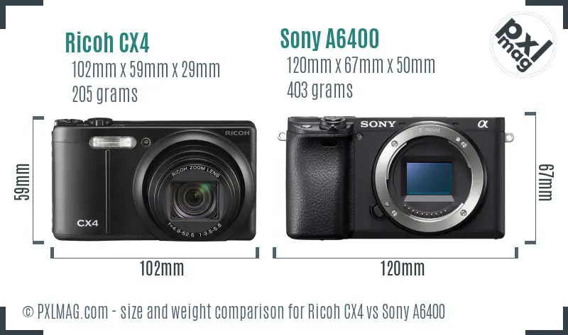 Ricoh CX4 vs Sony A6400 size comparison