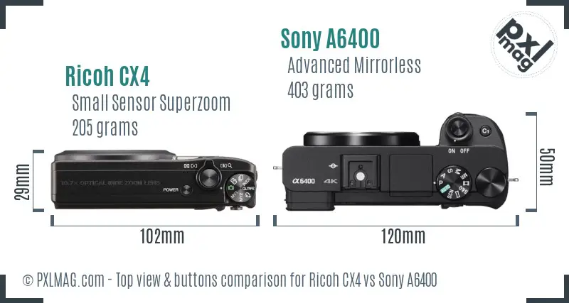 Ricoh CX4 vs Sony A6400 top view buttons comparison