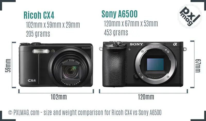 Ricoh CX4 vs Sony A6500 size comparison