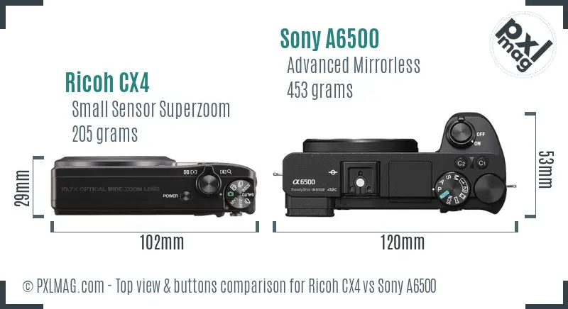 Ricoh CX4 vs Sony A6500 top view buttons comparison