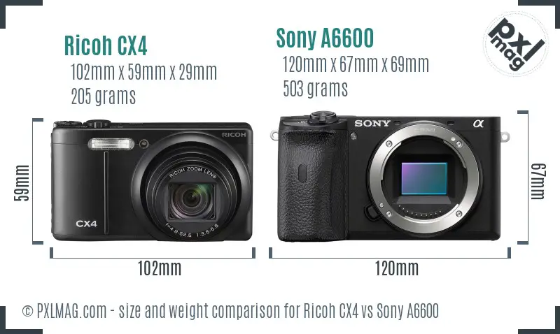 Ricoh CX4 vs Sony A6600 size comparison