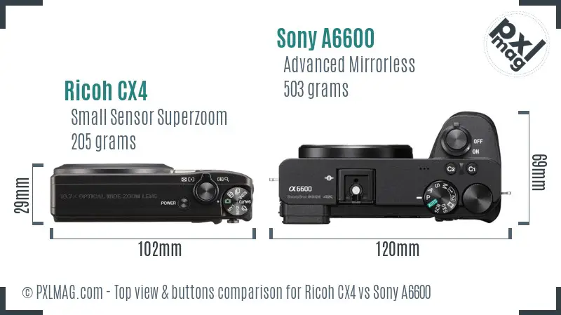 Ricoh CX4 vs Sony A6600 top view buttons comparison