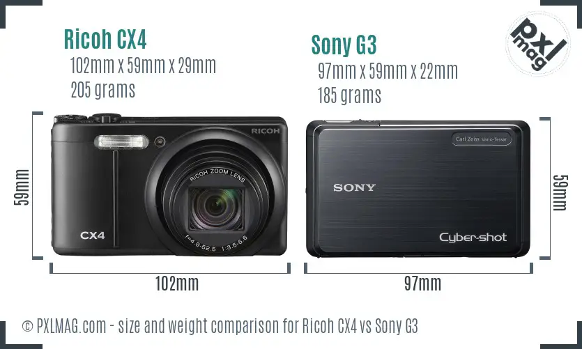 Ricoh CX4 vs Sony G3 size comparison