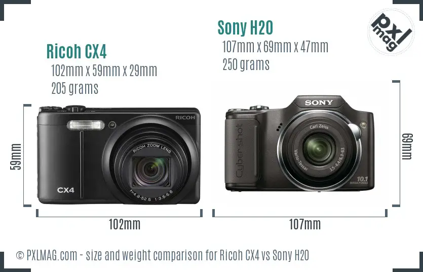 Ricoh CX4 vs Sony H20 size comparison