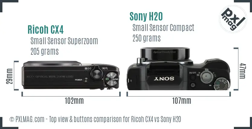 Ricoh CX4 vs Sony H20 top view buttons comparison