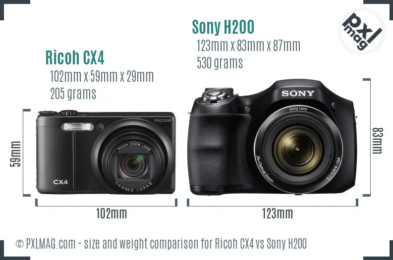 Ricoh CX4 vs Sony H200 size comparison
