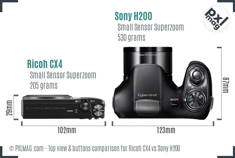 Ricoh CX4 vs Sony H200 top view buttons comparison