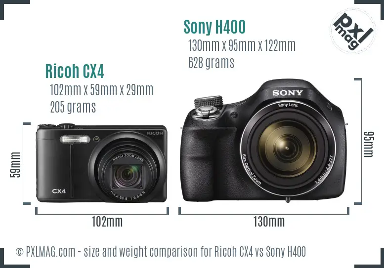 Ricoh CX4 vs Sony H400 size comparison