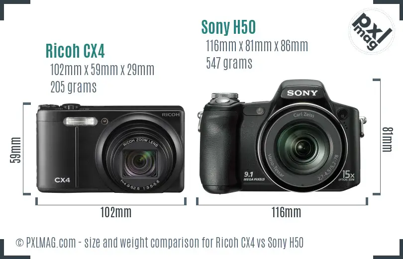 Ricoh CX4 vs Sony H50 size comparison