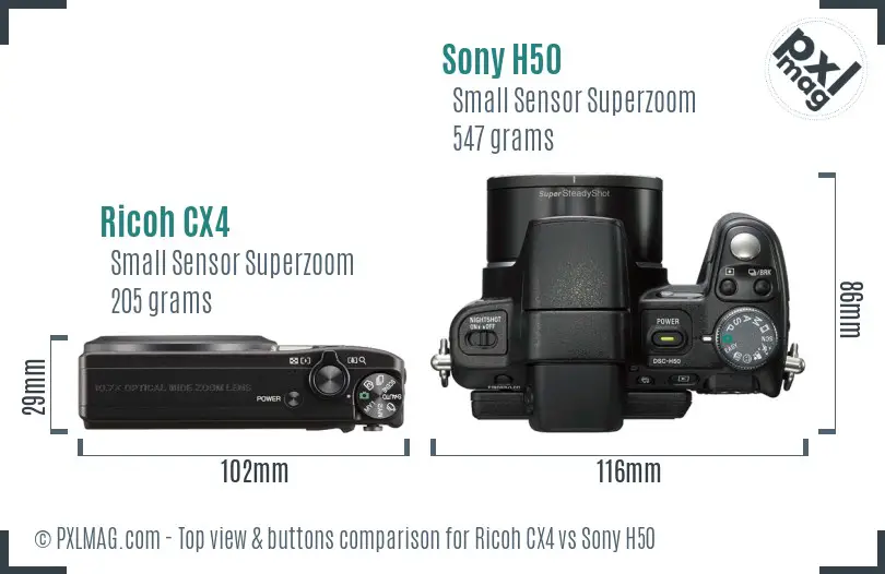 Ricoh CX4 vs Sony H50 top view buttons comparison