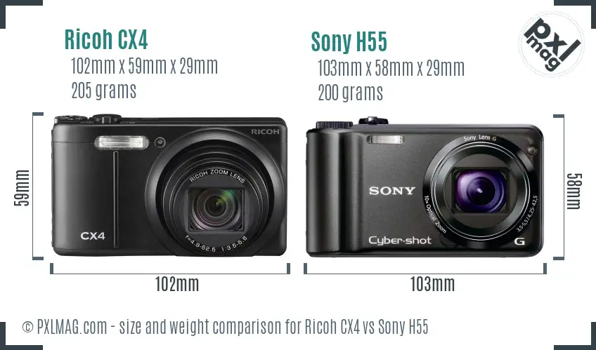 Ricoh CX4 vs Sony H55 size comparison