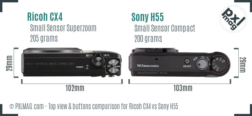 Ricoh CX4 vs Sony H55 top view buttons comparison