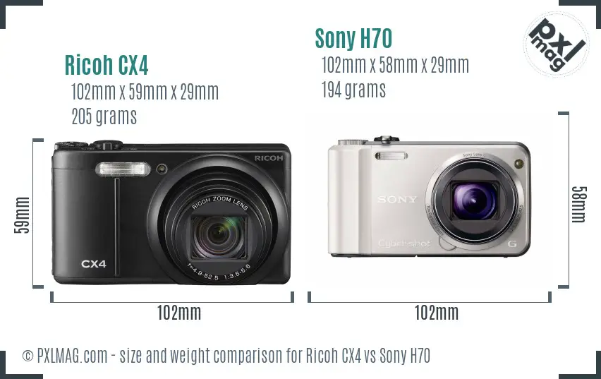 Ricoh CX4 vs Sony H70 size comparison