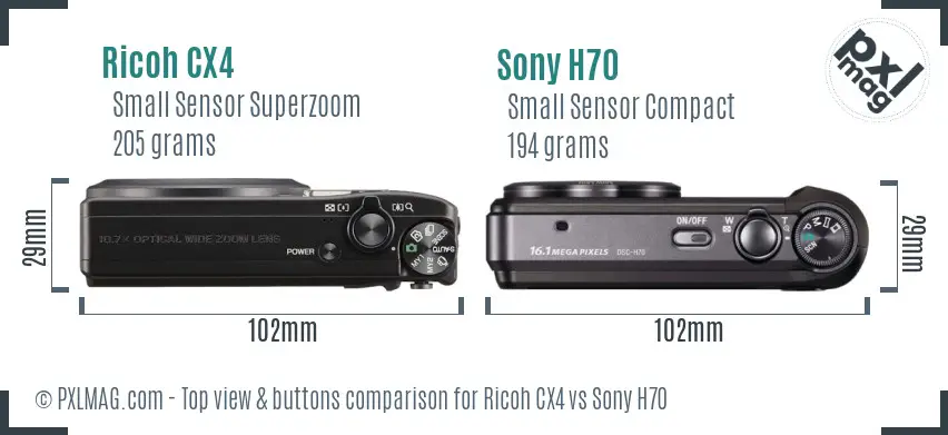 Ricoh CX4 vs Sony H70 top view buttons comparison