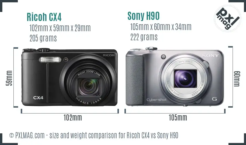 Ricoh CX4 vs Sony H90 size comparison