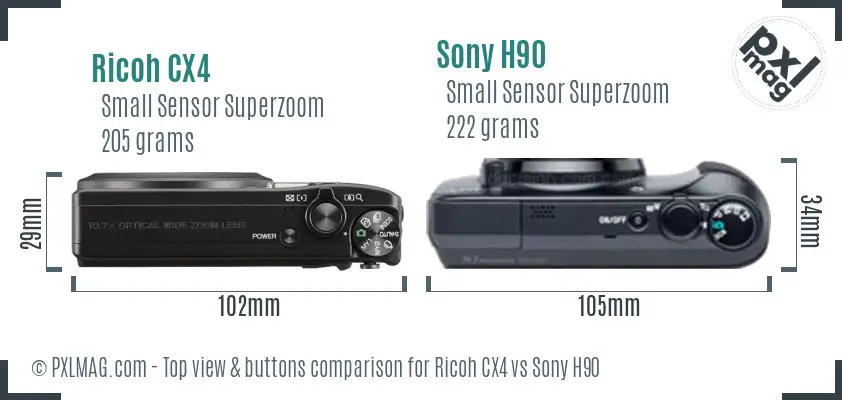 Ricoh CX4 vs Sony H90 top view buttons comparison