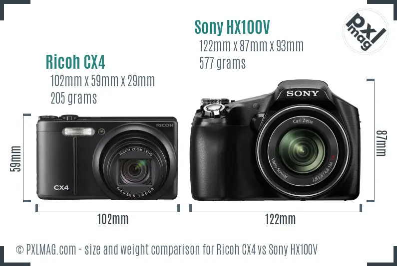 Ricoh CX4 vs Sony HX100V size comparison