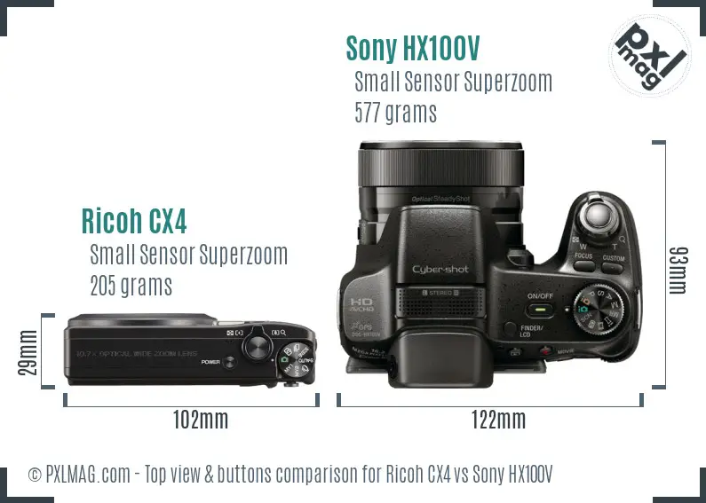 Ricoh CX4 vs Sony HX100V top view buttons comparison