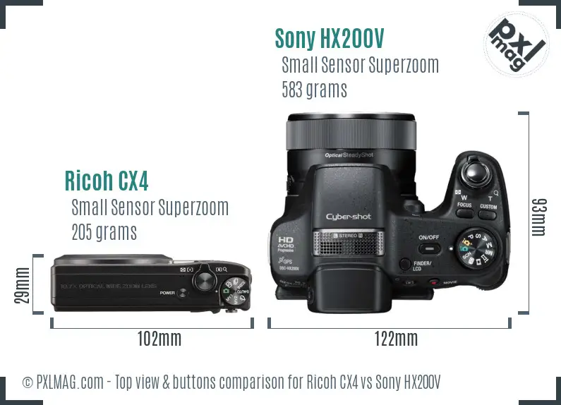 Ricoh CX4 vs Sony HX200V top view buttons comparison