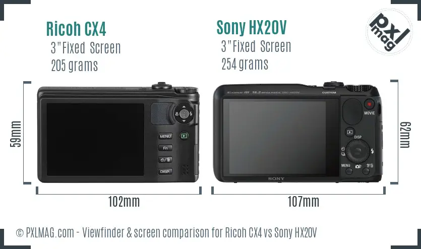 Ricoh CX4 vs Sony HX20V Screen and Viewfinder comparison