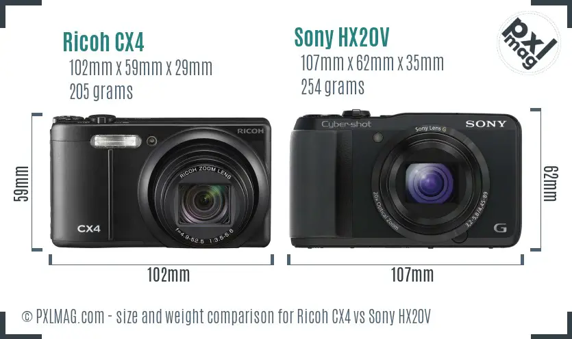 Ricoh CX4 vs Sony HX20V size comparison