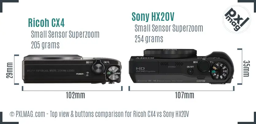 Ricoh CX4 vs Sony HX20V top view buttons comparison