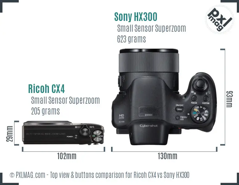 Ricoh CX4 vs Sony HX300 top view buttons comparison