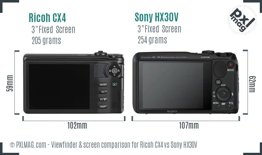 Ricoh CX4 vs Sony HX30V Screen and Viewfinder comparison