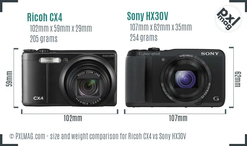 Ricoh CX4 vs Sony HX30V size comparison
