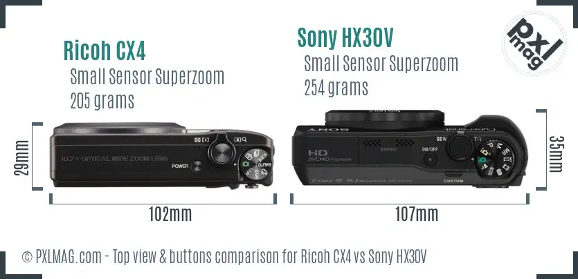 Ricoh CX4 vs Sony HX30V top view buttons comparison