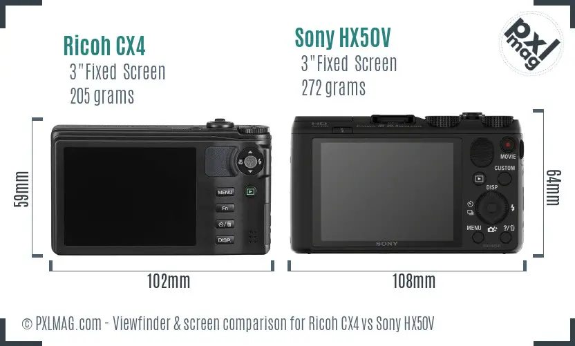 Ricoh CX4 vs Sony HX50V Screen and Viewfinder comparison