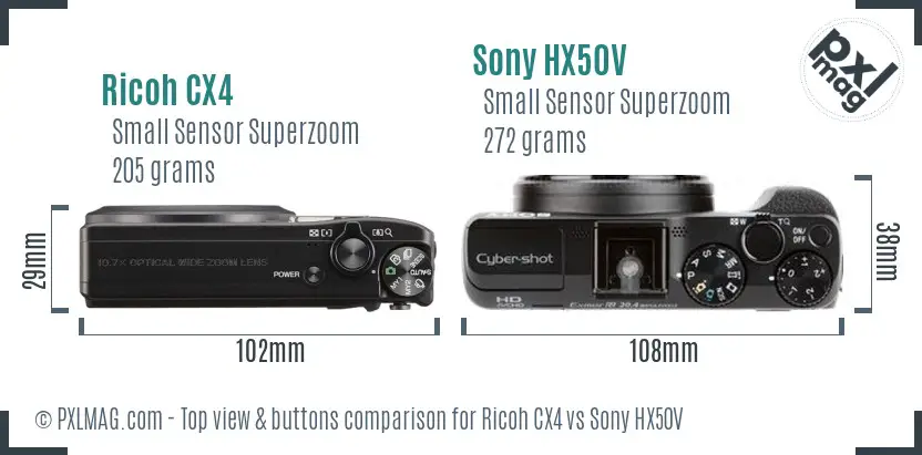 Ricoh CX4 vs Sony HX50V top view buttons comparison
