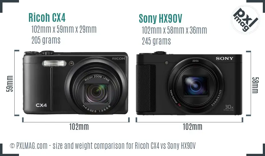 Ricoh CX4 vs Sony HX90V size comparison