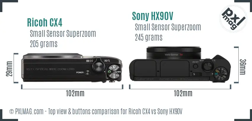 Ricoh CX4 vs Sony HX90V top view buttons comparison