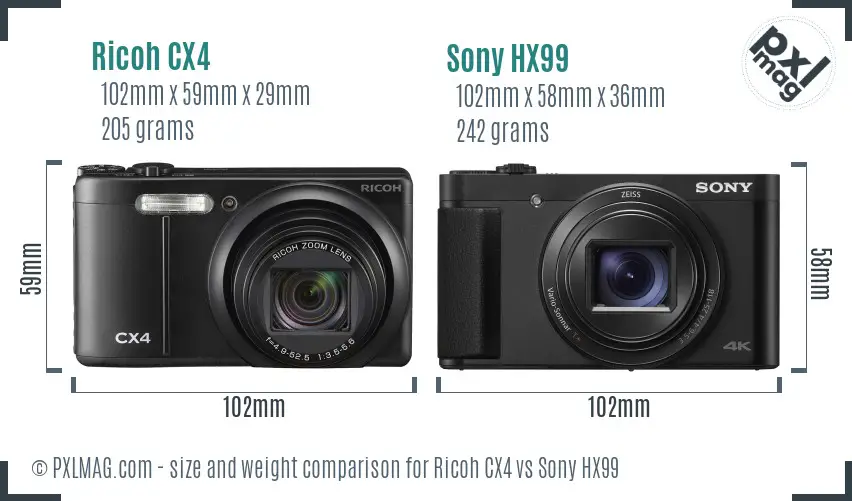 Ricoh CX4 vs Sony HX99 size comparison
