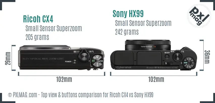 Ricoh CX4 vs Sony HX99 top view buttons comparison