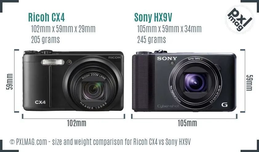 Ricoh CX4 vs Sony HX9V size comparison