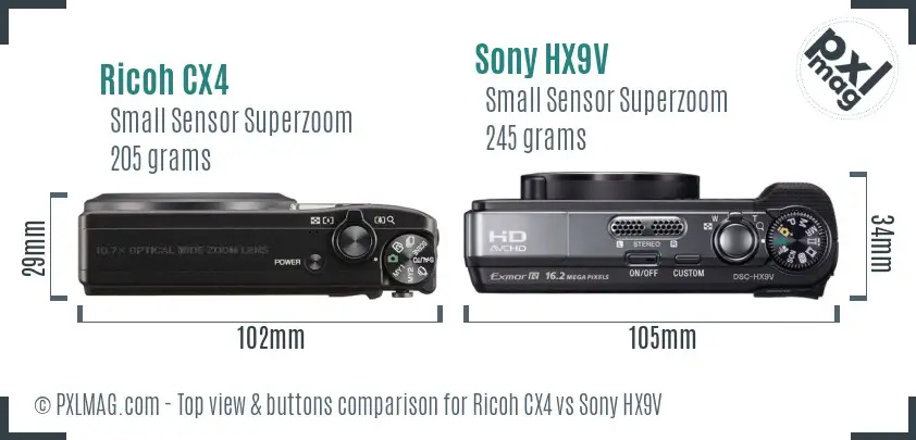 Ricoh CX4 vs Sony HX9V top view buttons comparison