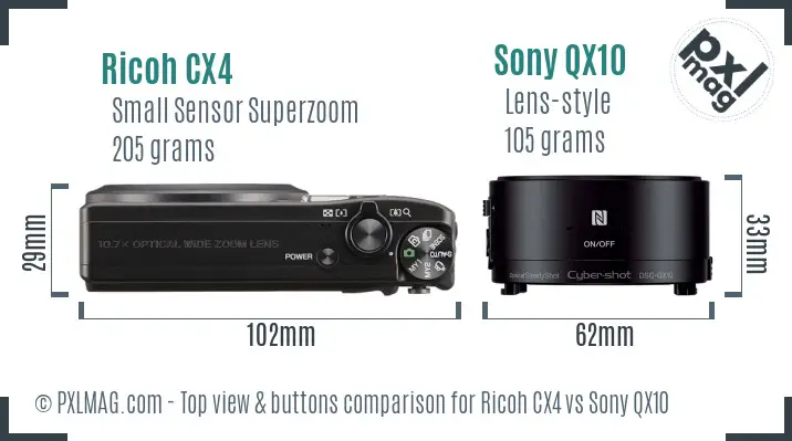 Ricoh CX4 vs Sony QX10 top view buttons comparison Ricoh CX4 vs Sony QX10 top view buttons comparison