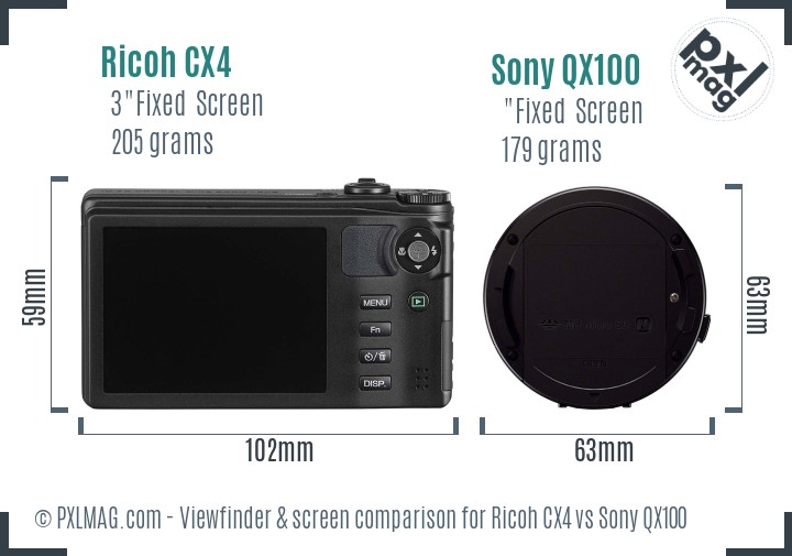 Ricoh CX4 vs Sony QX100 Screen and Viewfinder comparison