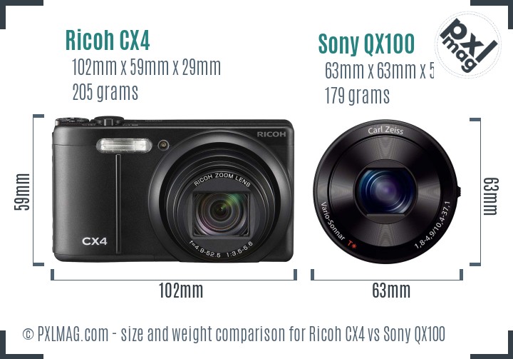 Ricoh CX4 vs Sony QX100 size comparison