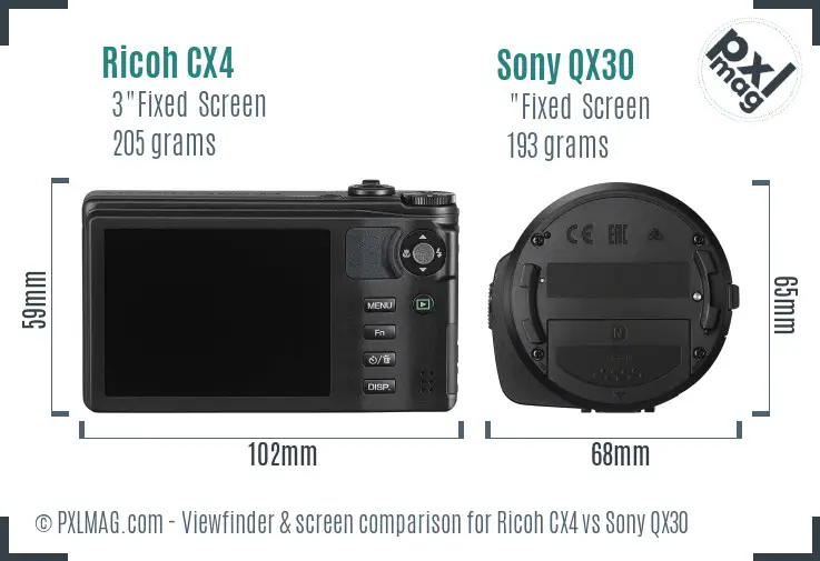 Ricoh CX4 vs Sony QX30 Screen and Viewfinder comparison