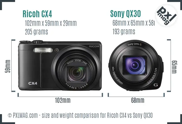 Ricoh CX4 vs Sony QX30 size comparison