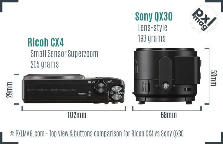 Ricoh CX4 vs Sony QX30 top view buttons comparison